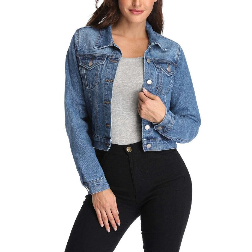 Cropped Denim Jacket Women's 100% Cotton Button Down with Pockets